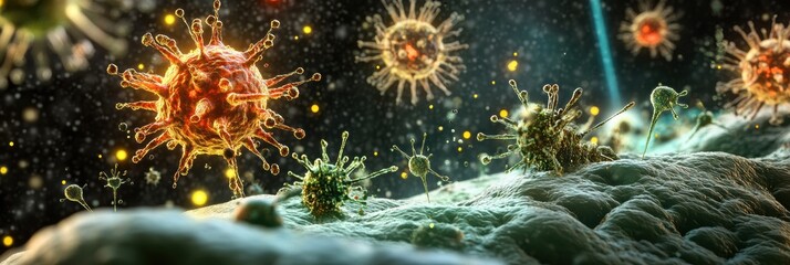 Aufkleber - Viruses invading cells and replicating in a microscopic view during a biological interaction. Generative AI