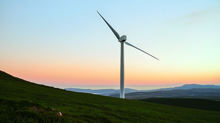 Wall Mural - Single wind turbine in green field at sunset.