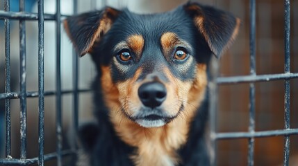 Poster - Sad-eyed dog in shelter cage, looking directly at camera.