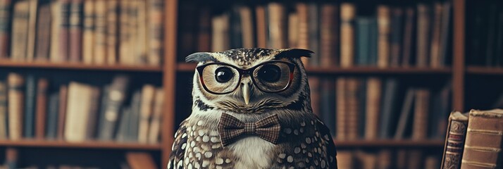 Leinwandbilder - Owl wearing glasses and a bow tie poses in front of an impressive grand bookshelf filled with classic literature. Generative AI