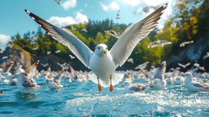 Canvas Print - Seagull in flight over ocean, surrounded by flock.