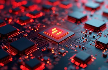 Poster - Close-up view of glowing tech circuit board. Red light highlights intricate components. Data transfer system shown. Modern tech concept. Futuristic design. Advanced chip technology. Electronic