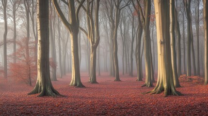 Wall Mural - Misty Forest Scene With Autumn Leaves And Tall Trees