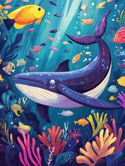 Poster - Whale swimming gracefully in vibrant underwater world filled with colorful fish and coral reefs. Generative AI