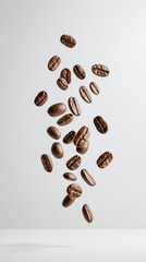 Poster - Levitating roasted coffee beans create a visually striking and dynamic composition against a clean, minimal white background, emphasizing the rich aroma and flavor of the beverage