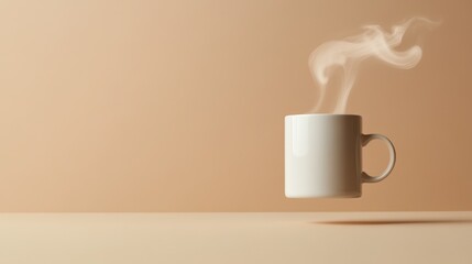Aufkleber - White mug levitates slightly above a beige surface, releasing a delicate stream of hot steam against a matching beige backdrop, creating a serene and minimalist scene