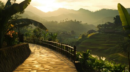 Poster - Serene Pathway Through Lush Green Rice Terraces and Mountains