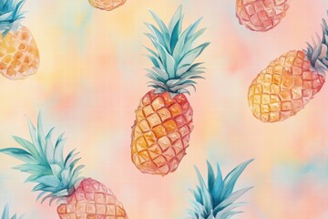 Poster - Colorful watercolor pattern featuring pineapples on a soft background for tropical decor and design inspiration. Generative AI