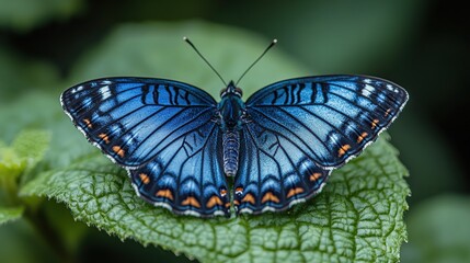 Wall Mural - Vibrant blue butterfly with orange accents perched on a green leaf.