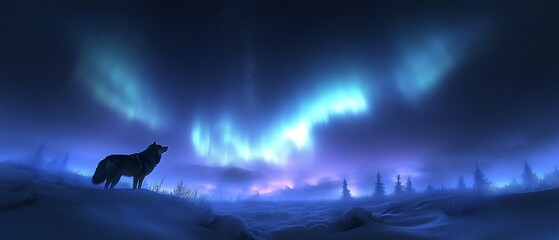  Lone wolf silhouetted against vibrant aurora borealis over snowy landscape.
