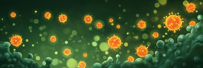 Poster - viruses invading human cells during infection process in a microscopic environment. generative ai