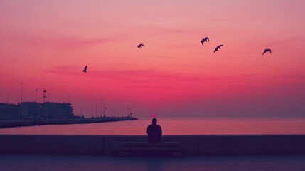 Wall Mural - Solitary Figure Watching a Vibrant Sunset Over the Sea