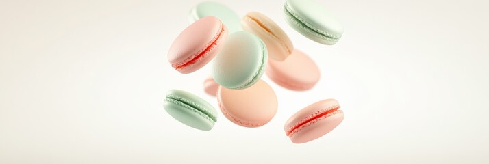 Aufkleber - Pastel colored macarons are levitating against a minimalist off white background, creating a visually appealing display of these delicate french pastries