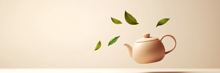 Poster - Floating in mid air, a beige teapot showcases delicate green tea leaves, forming a minimalist and elegant composition against a softly lit background
