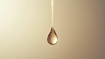 Poster - Single, shimmering golden drop hangs suspended, reflecting light against a soft, neutral backdrop, capturing the essence of fluidity, purity, and preciousness