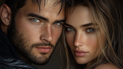 Wall Mural - European and American style, affectionate love, happy couples, handsome men, beautiful women, movie cover, cold heroine, delicate skin texture, cinematic lighting, high fashion shoot. Ultra-Realistic,