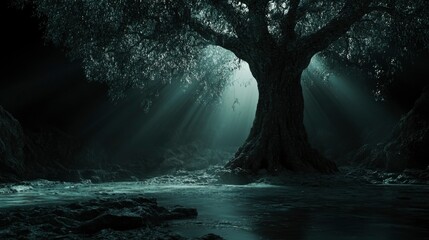 Wall Mural - Ancient Tree Stands Tall By Dark Water