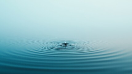 Poster - Concentric ripples expanding outwards from the point of impact of a single water droplet on a calm, blue water surface, creating a mesmerizing pattern of circular waves