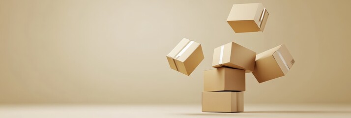 Aufkleber - Multiple closed cardboard boxes with white tape are floating and levitating in the air, creating a dynamic and intriguing visual against a clean, minimalist beige backdrop