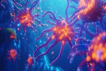 Leinwandbilder - Immunological defense with antibodies targeting glowing viruses in a microscopic environment. Generative AI