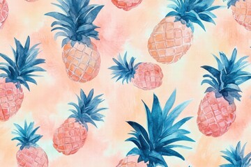 Poster - Joyful watercolor pineapple pattern with vibrant colors against a soft peach background perfect for tropical themes. Generative AI