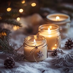 Wall Mural - Cozy winter scene with lit candles in jars, pine branches, and pinecones on snowy surface.