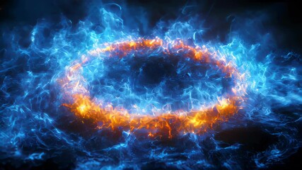 Poster - A glowing blue circle of light surrounded by mist, creating a futuristic and ethereal atmosphere