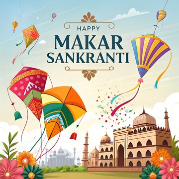 Indian festival Happy Makar Sankranti poster design with group of colourful kites flying