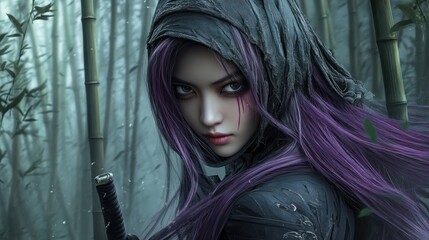 Wall Mural - A purple-haired Asian female warrior under a hooded robe, standing in a misty bamboo forest, background wallpaper AI generated image