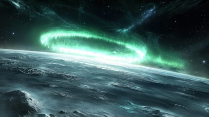 a stunning space scene of green nebulae resembling auroras rippling across the dark void background 