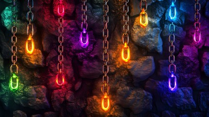 Wall Mural - hanging light chains with vibrant colors glowing brightly in a seamless pattern on a textured stone 
