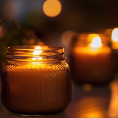 Wall Mural - Lit candles in glass jars on table at night.