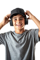 A cheerful Hispanic teenage boy, wearing a baseball cap and headphones, looking excited, isolated on transparent background, PNG file