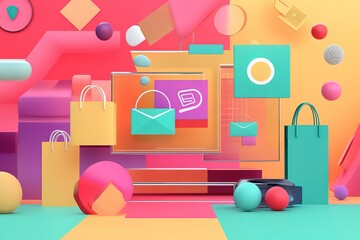 Poster - Abstract online shopping concept with colorful bags and envelopes.