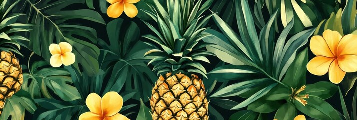 Poster - Vibrant tropical seamless pattern showcasing pineapples and vibrant flowers among lush green leaves suitable for fabric or decor. Generative AI