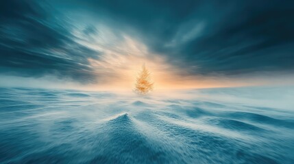 Poster - Abstract snowy landscape with a shimmering festive tree in the distance