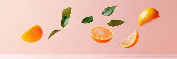 Aufkleber - Fresh, juicy orange slices and whole oranges are levitating in mid air, accompanied by vibrant green leaves, against a soft pink backdrop, creating a visually appealing and refreshing scene