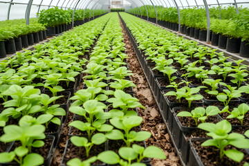 A greenhouse interior filled with rows of young green plants in black pots. The structure has a transparent roof and walls, allowing natural light to illuminate the plants.