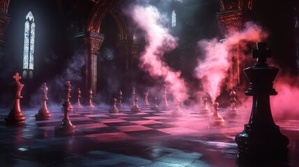 Poster - Artistic chessboard scene with smoke and dramatic lighting, perfect for strategy themes.