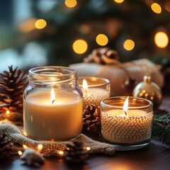 Wall Mural - Three lit candles in glass jars, surrounded by pine cones, string lights, and gifts, creating a cozy and warm atmosphere.