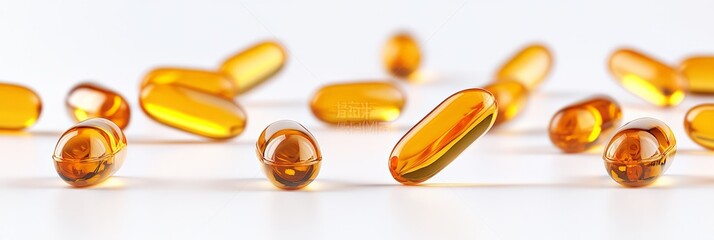Poster - Multiple golden fish oil capsules are levitating over a white background, creating a visually appealing presentation of these essential supplements
