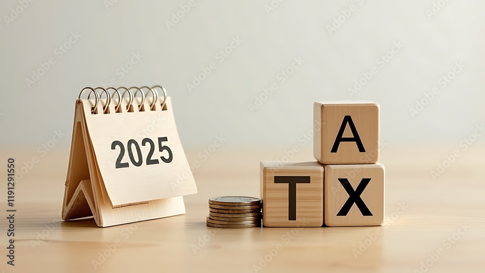 2025 Calendar and Word Tax on coin. Business tax management concept