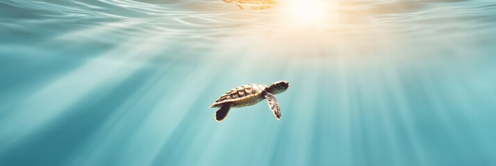 Poster - Baby sea turtle swimming gracefully through vibrant blue ocean waters, sunbeams filtering down from the surface, creating a serene and peaceful underwater scene filled with life