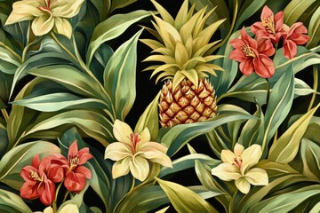 Aufkleber - Tropical seamless pattern featuring vibrant pineapples and exotic flowers in lush greenery. Generative AI