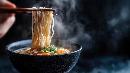 Wall Mural - ramen in a black plate, noodles on chopsticks. tom yam, noodles, asian, japanese, korean soup