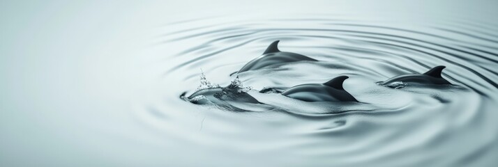 Fototapete - Three dolphins are swimming just below the surface of calm water, creating ripples and splashing drops, in a tranquil and serene atmosphere