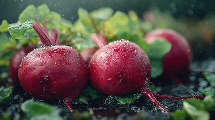 Wall Mural - Freshly harvested beetroot with leafy greens on a textured surface of the earth