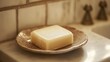 © AndreyFrol - A bar of soap on an elegant soap dish standing on the surface of the bathroom. Suitable for themes of cleanliness, hygiene, skin care, ecology and home comfort.