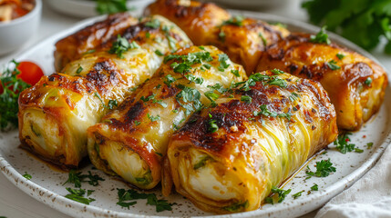 Wall Mural - Cabbage rolls on a white plate captured from above with natural light showcasing intricate details and colors on a plain backdrop