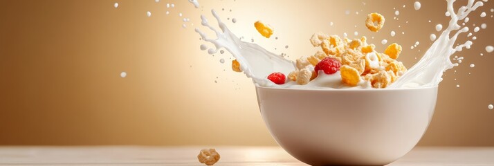 Aufkleber - Milk splashing in a white bowl filled with cereal and raspberries, creating a dynamic and appetizing scene against a warm background, ideal for food and beverage promotions